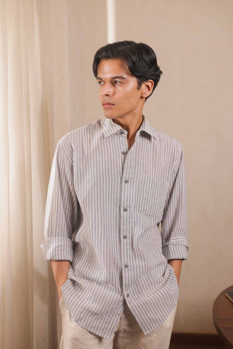 Morning Mist,  Handwoven Off-White Striped Cotton Shirt